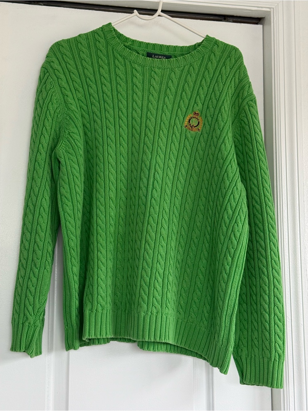 Lauren Ralph Lauren Green Cable-Knit Crewneck Sweater with Crest